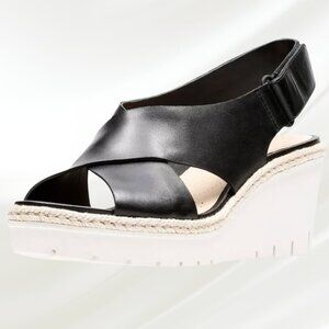Clarks Palm Glow Black Leather Wedge Espadrille Slingback Sandals Size 9